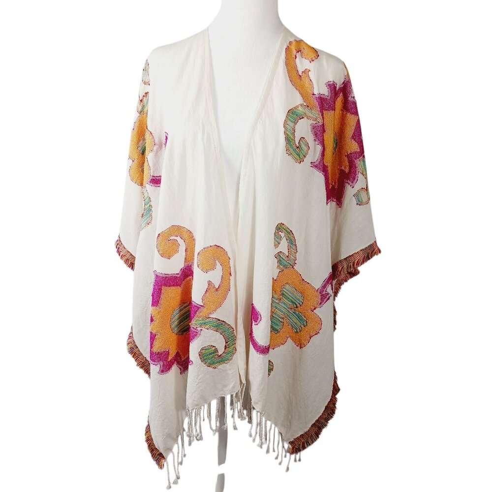 Echo, Southwestern, Lightweight, Poncho with Embroidered Accents, Fringe Trim OS